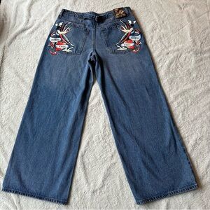Ed Hardy Women 34 Born Free Painted Birds Loose Wide Leg Skater Denim Y2K NWT